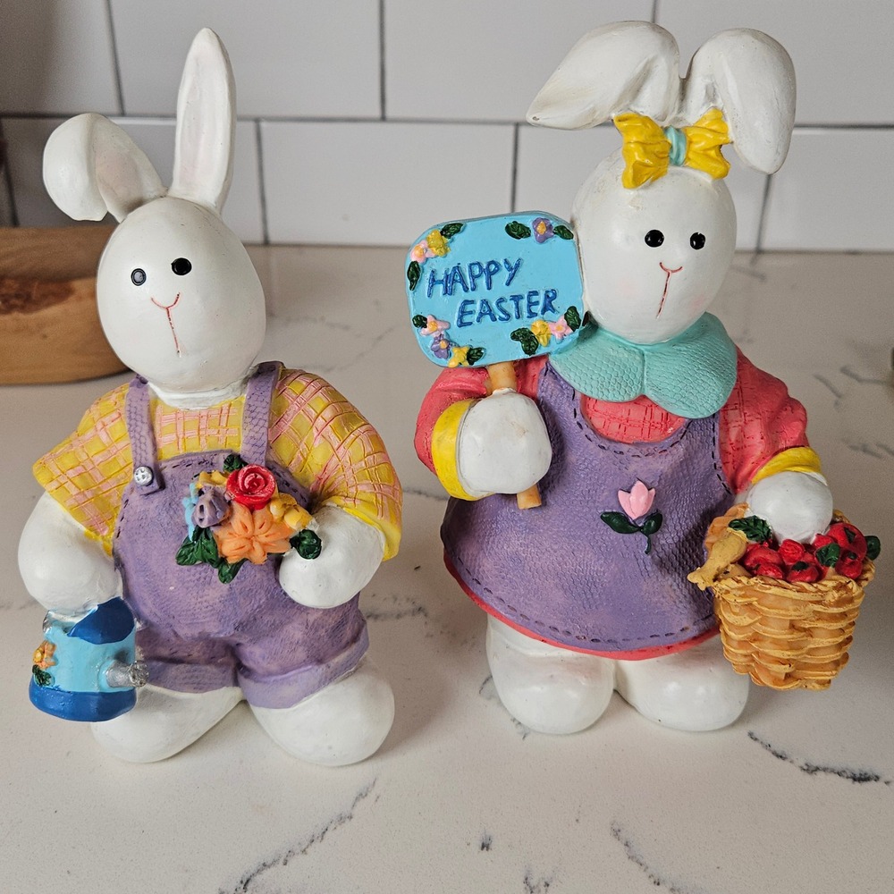 Whimsical Springtime Easter Bunny Figurines Set Happy Easter Decor Spring Garden